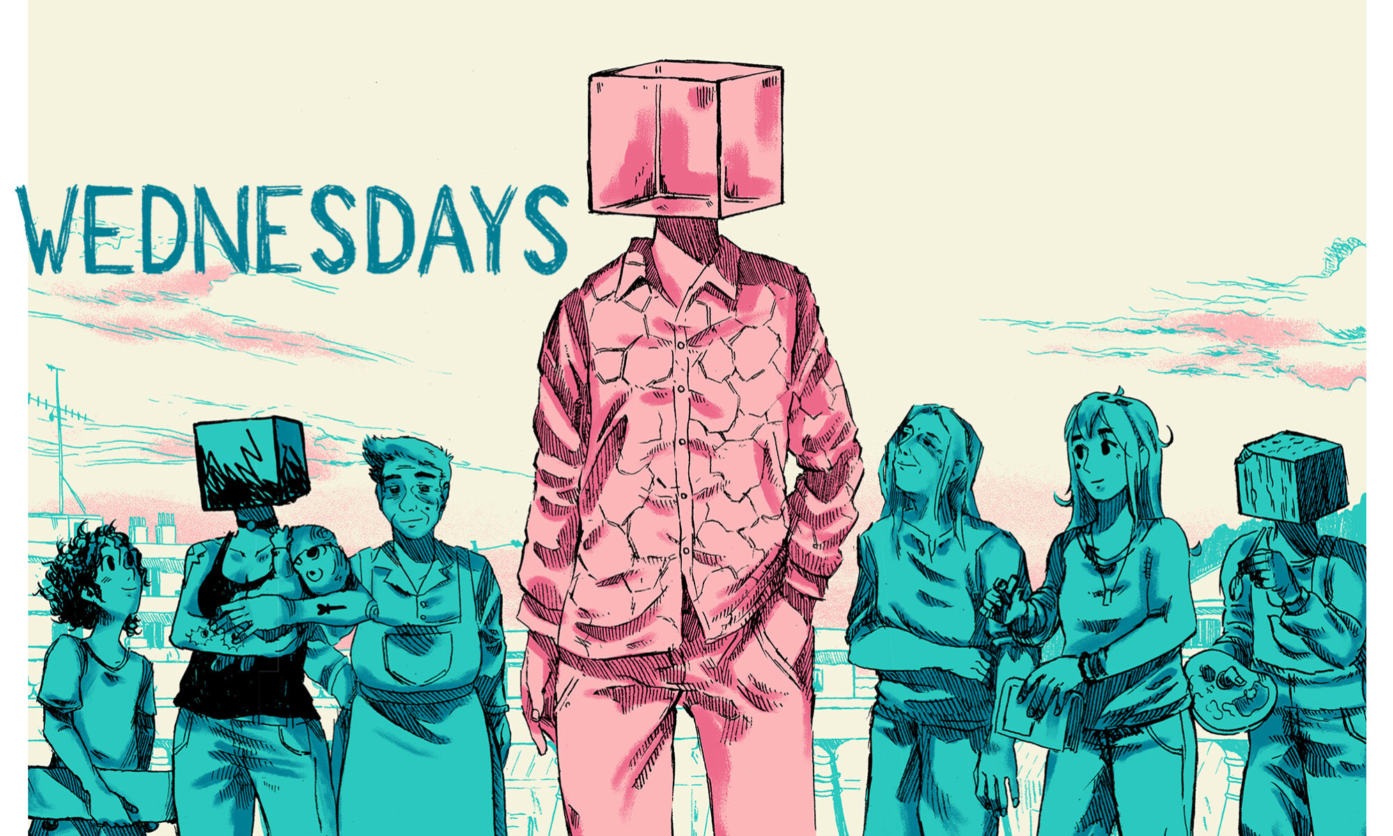 An image presenting the game Wednesdays. The main character, in pink, in the center, is surrounded by a group of friends and relatives. Some have a cube for a head, others don't.